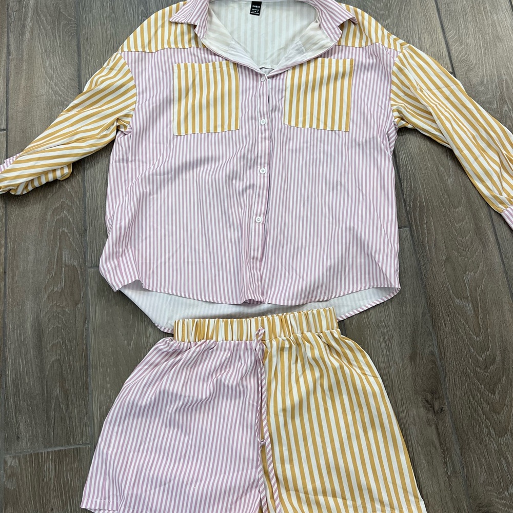 SHEIN Pink and Yellow Striped Button Down Shirt